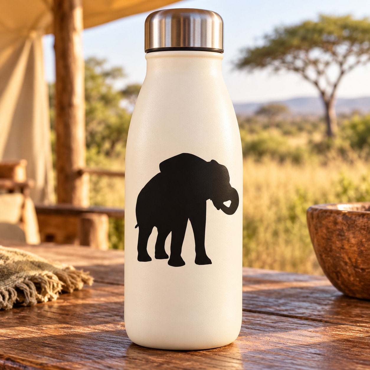 Black elephant trunk decal on white tumbler bottle