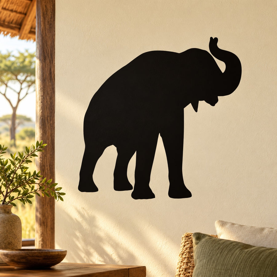 Raised-trunk elephant wall decal, black silhouette.