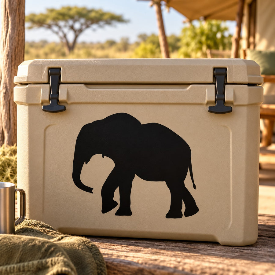 Black elephant silhouette decal on light beige cooler