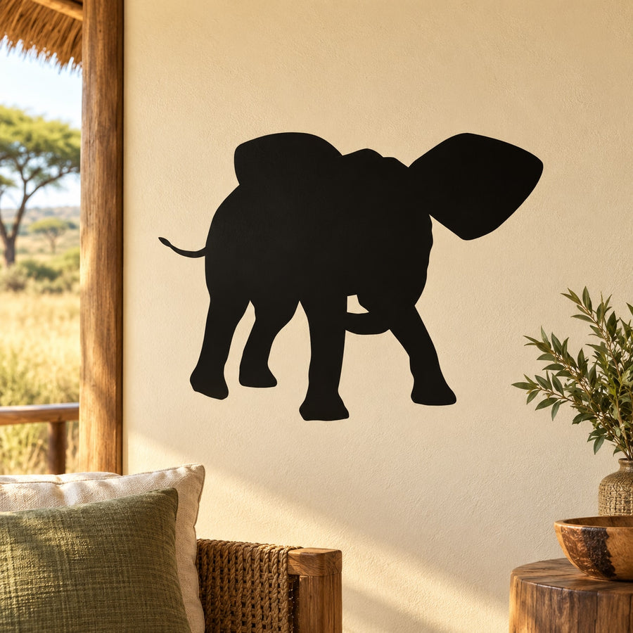 Black elephant silhouette wall decal with trunk raised and detailed legs
