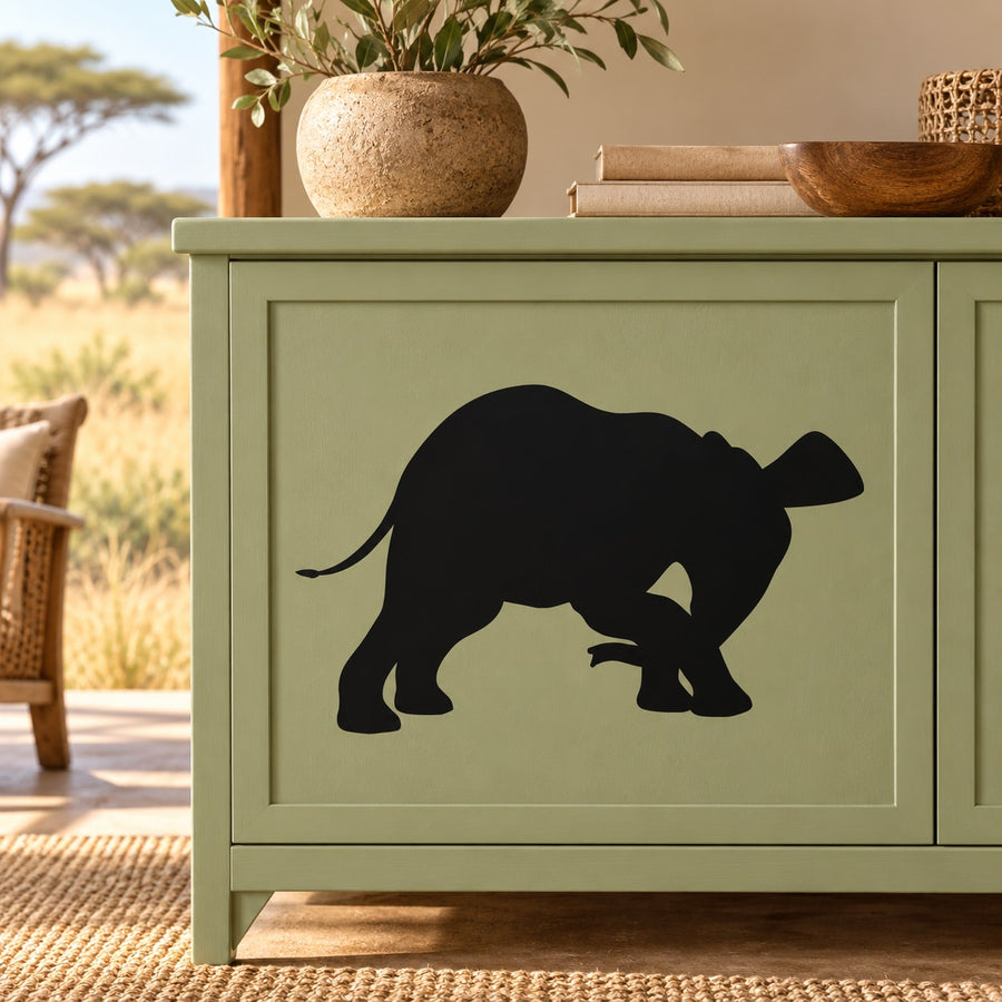 Kneeling elephant wall decal, black silhouette
