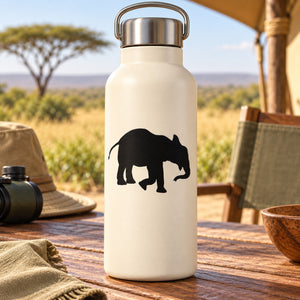 Kneeling one-knee elephant decal with black silhouette on light-colored bottle