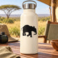 Kneeling one-knee elephant decal with black silhouette on light-colored bottle