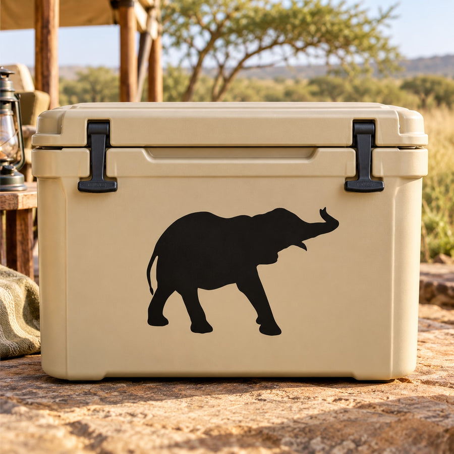 Black elephant decal sticker on tan cooler front