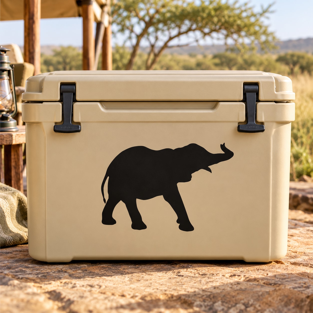 Black elephant decal sticker on tan cooler front
