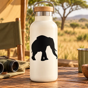 Black elephant silhouette decal on a white water bottle