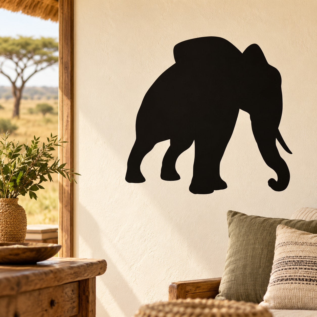 Black elephant silhouette wall decal, leaning pose