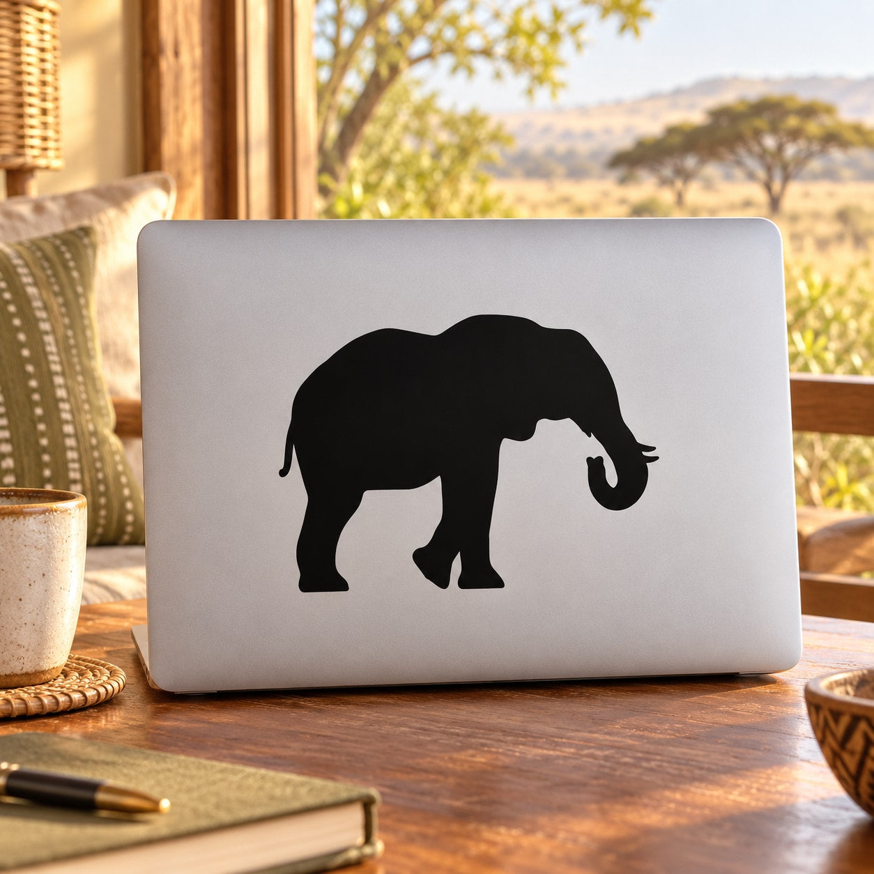 Black elephant silhouette decal on white laptop