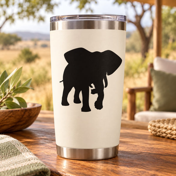 Elephant silhouette decal on a white tumbler with stainless-steel lid