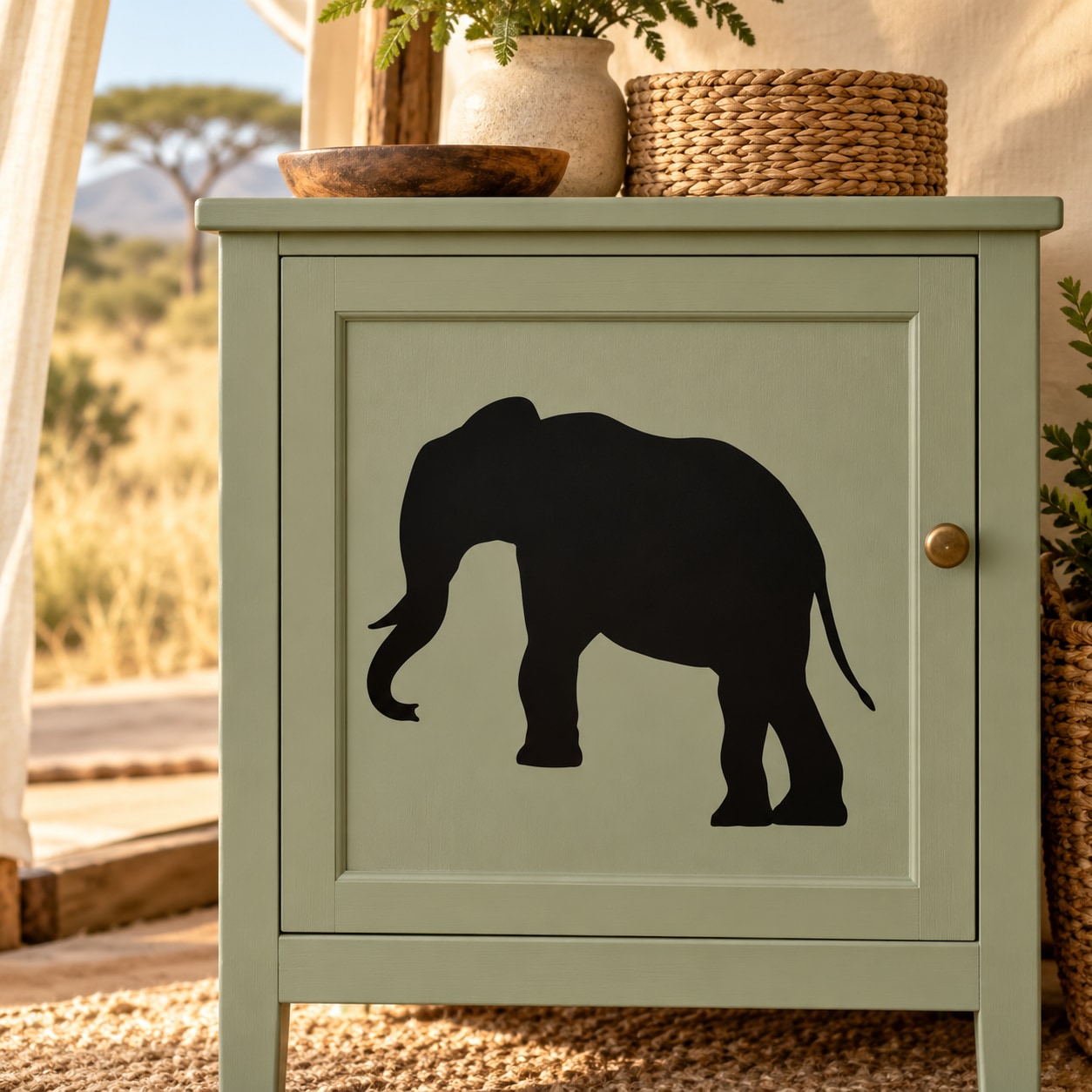 Walking up elephant decal with black silhouette, wall or cabinet sticker