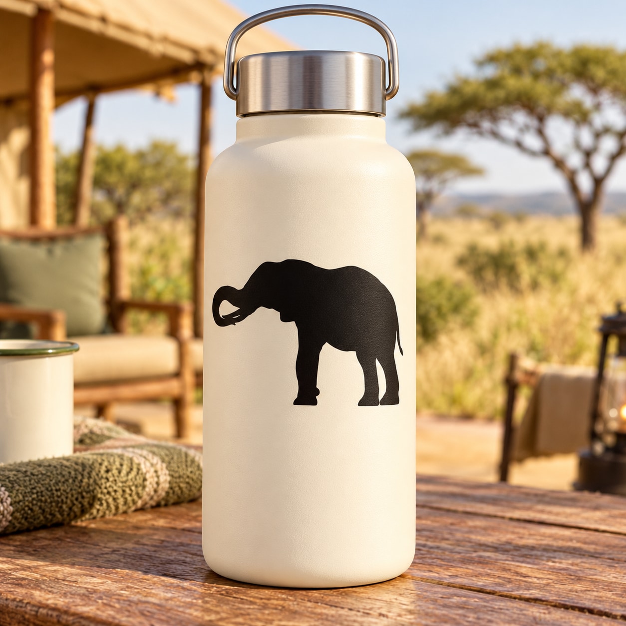 Black elephant silhouette decal on white bottle