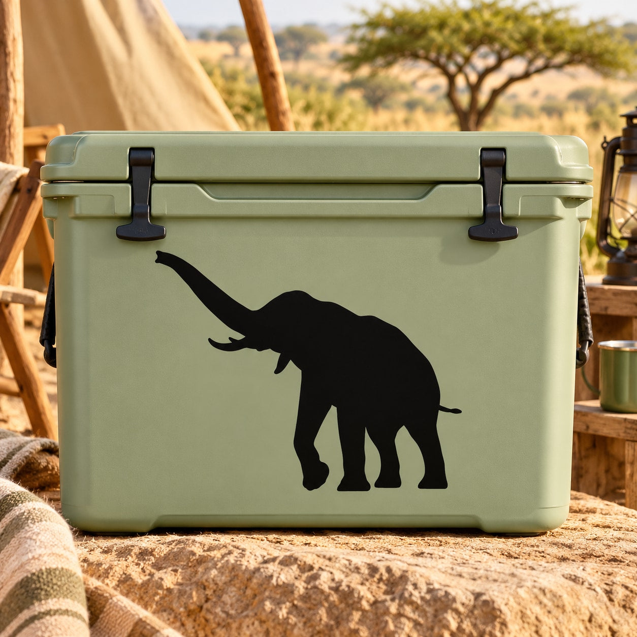 Elephant decal with black silhouette on a light green rectangular surface