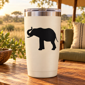White tumbler with black curled-trunk elephant decal, straight sides and lid