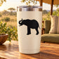 White tumbler with black curled-trunk elephant decal, straight sides and lid