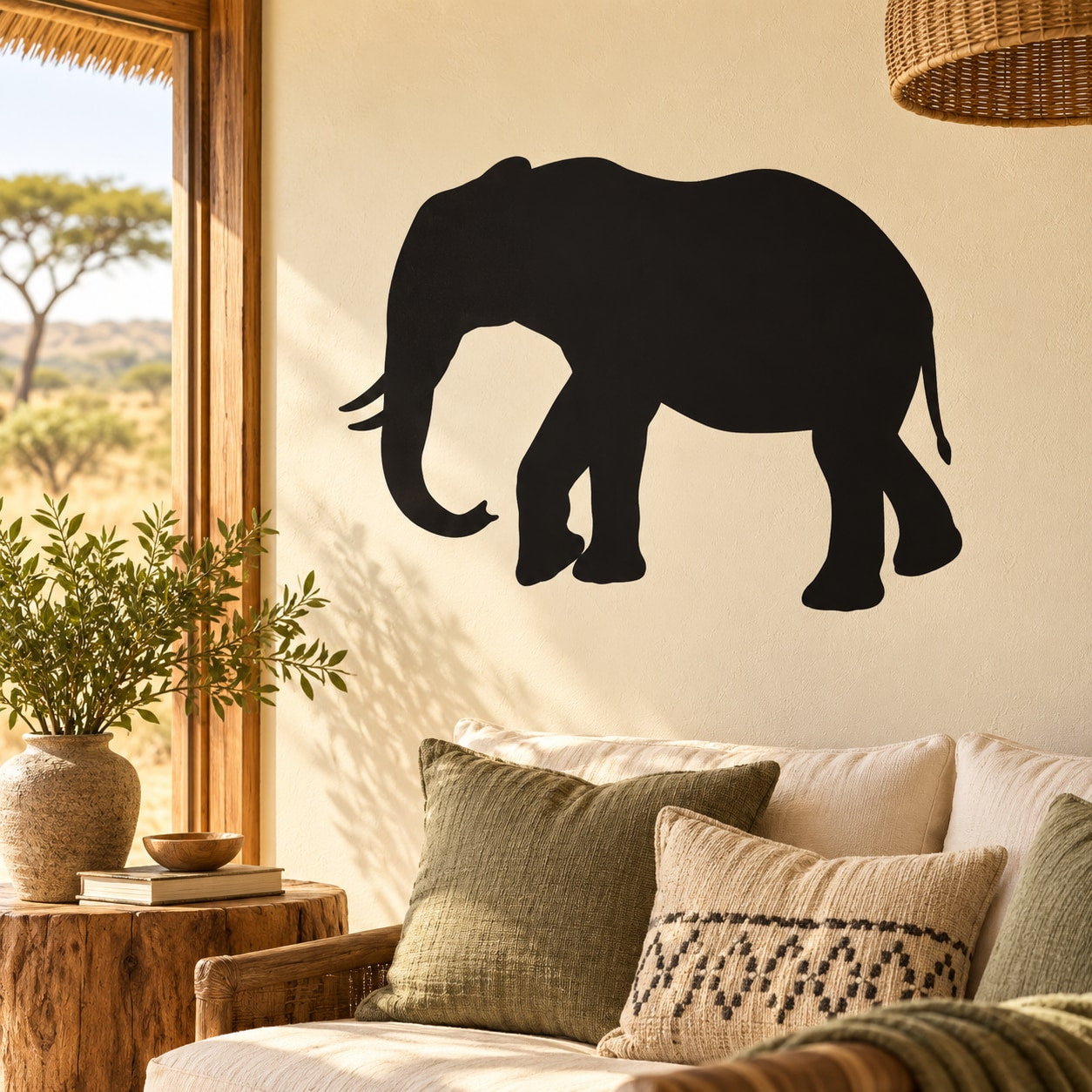 Elephant decal with black silhouette on wall