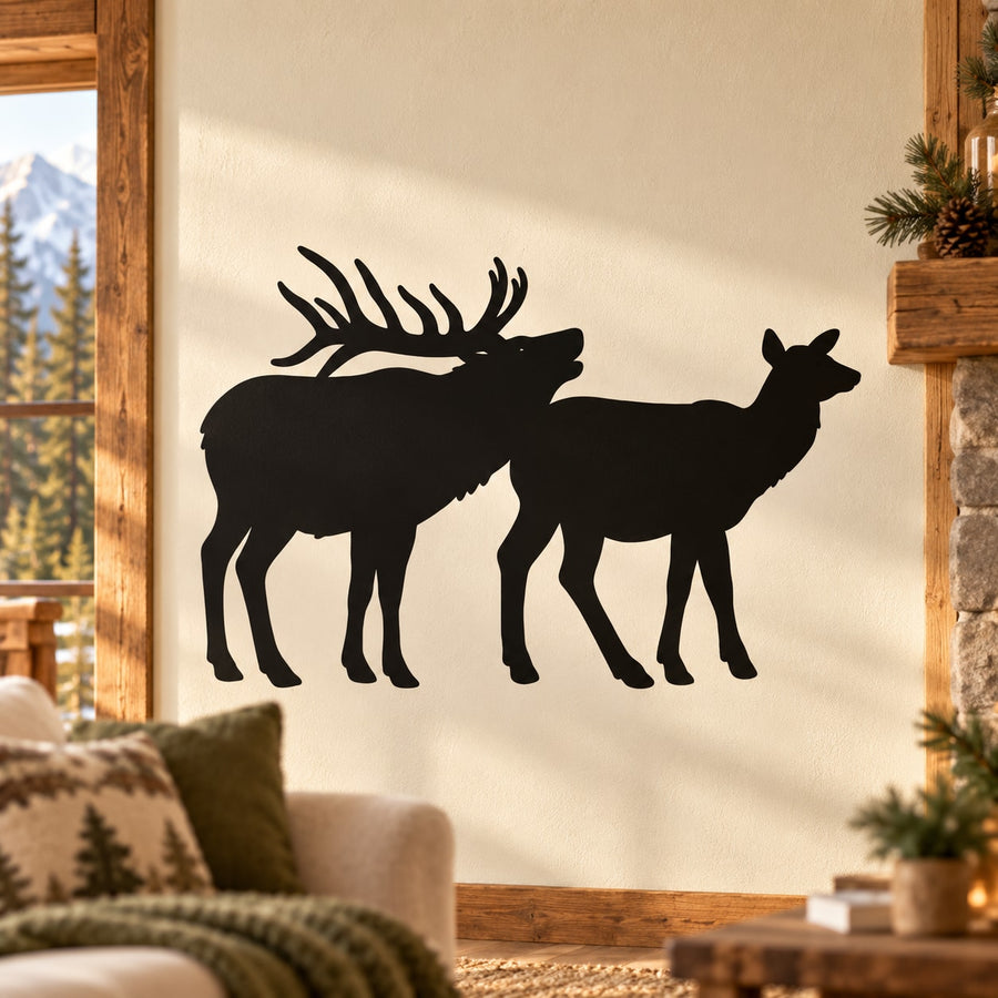 Black bull with antlers and cow vinyl wall decal, family silhouette.