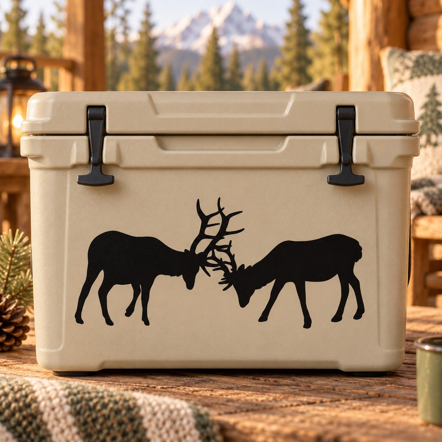 Elk bulls fighting decal, black silhouette of two bulls with antlers