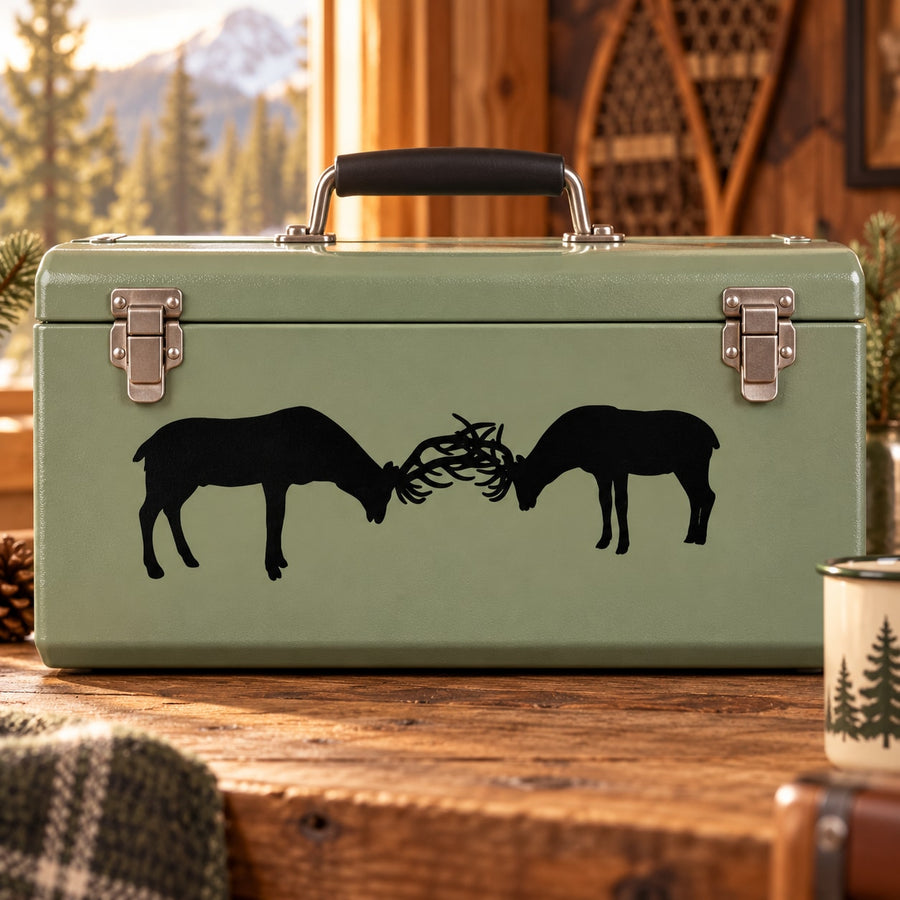 Bull fighting horns decal on dark bull silhouette across green metal case
