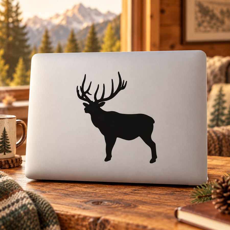Elk standing still decal with black silhouette on a white rectangle