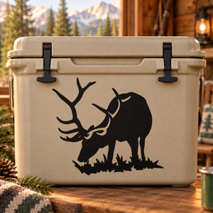 Black elk grazing decal on a light-colored cooler surface
