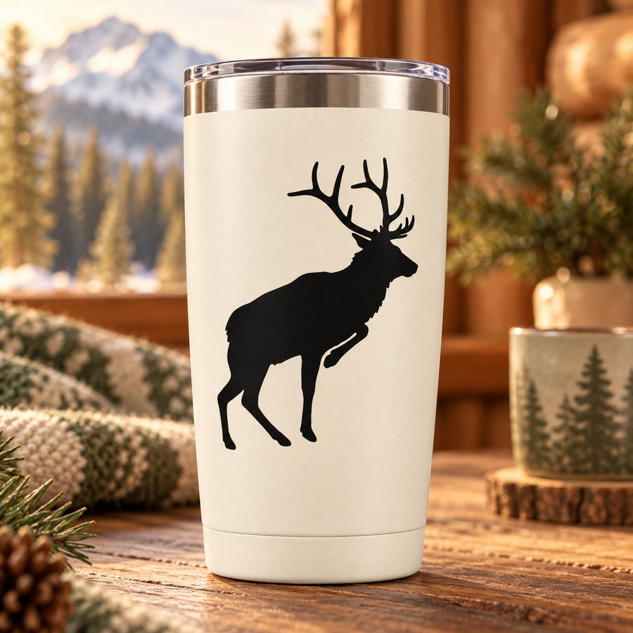Elk and antler decal for cup, black silhouette on white