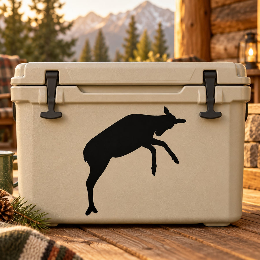 Black jumping cow/elk silhouette decal on a cooler lid