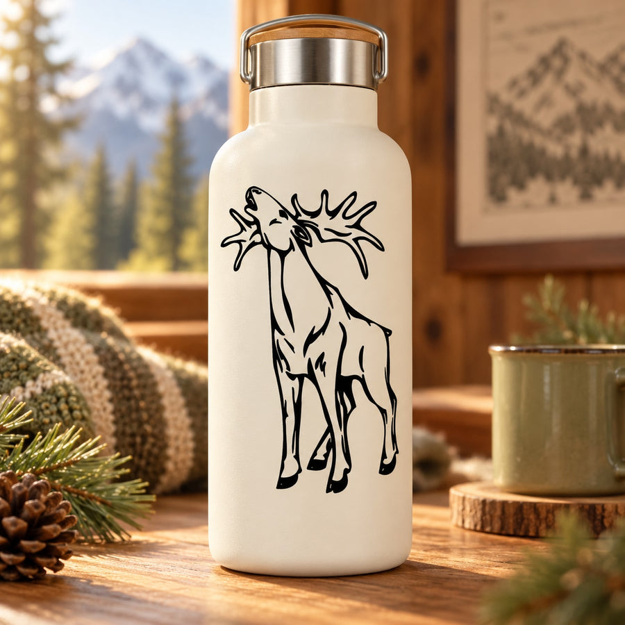 Moose calling decal featuring a black outline moose with raised antlers