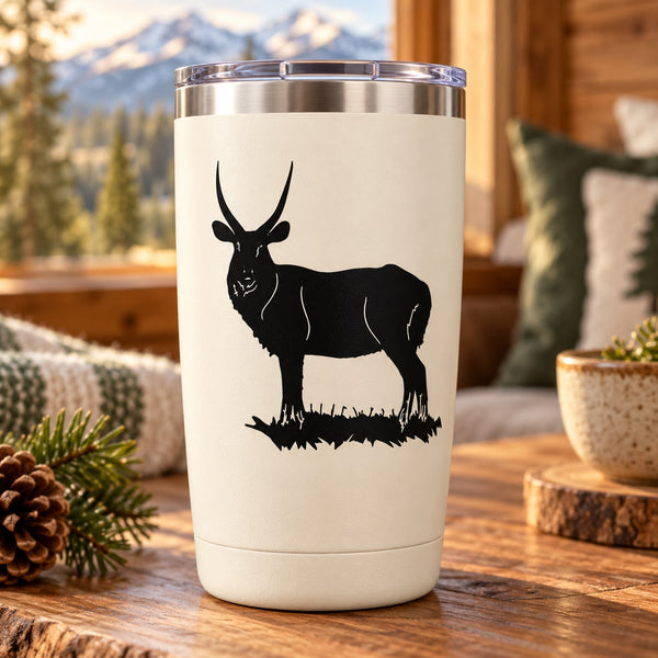 Elk silhouette decal on white tumbler cup, black standing deer design