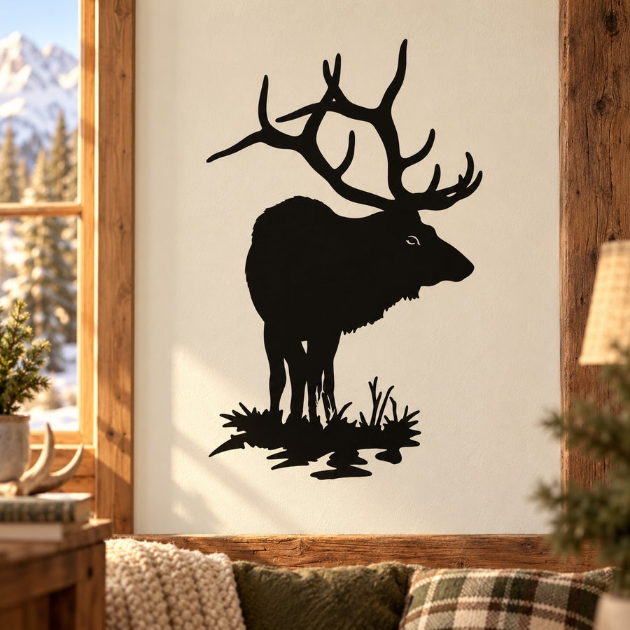 Black elk decal with large antlers, looking outward, silhouette style
