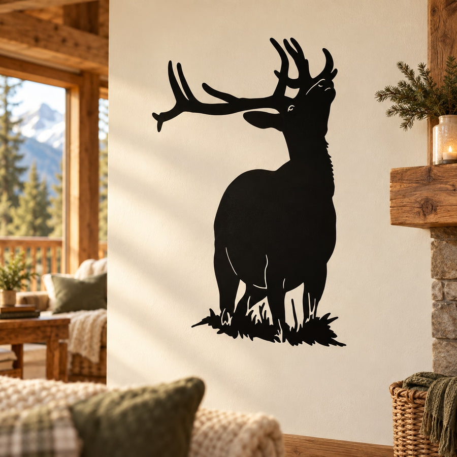 Elk wall decal with black silhouette, antlers raised and standing on grass
