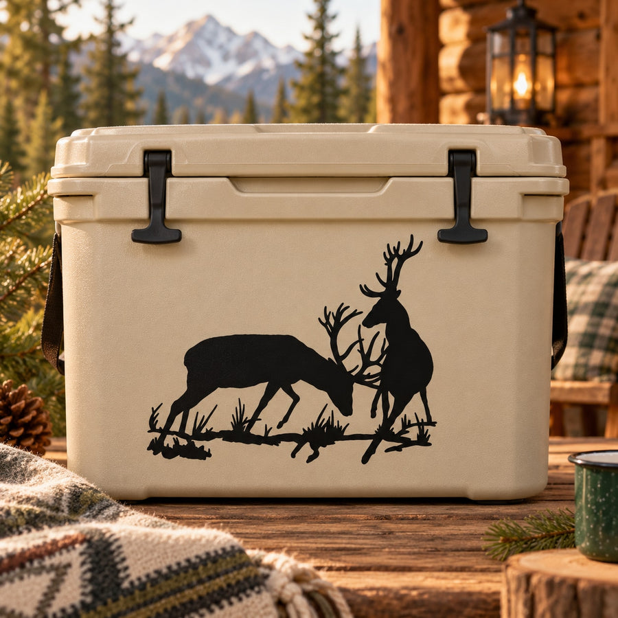 Black elk bull attacking scene decal on white cooler