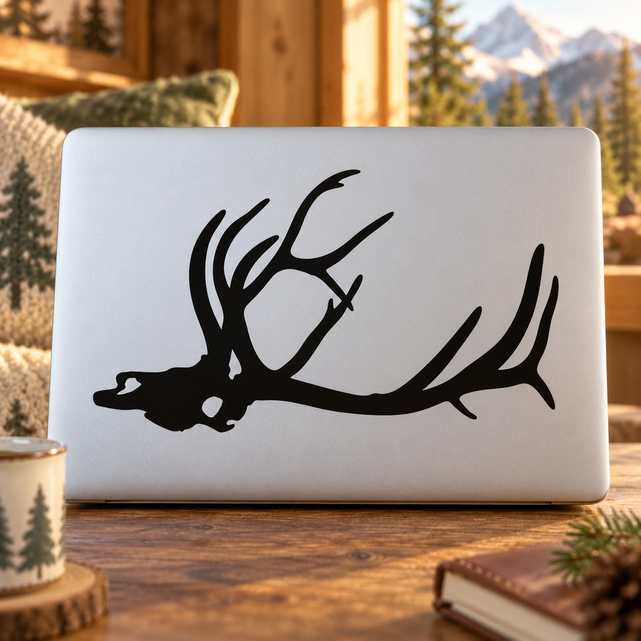 Black elk skull head decal sticker with antlers silhouette