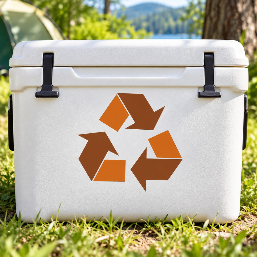 Recycling symbol sticker on white cooler with orange and brown arrows