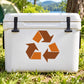 Recycling symbol sticker on white cooler with orange and brown arrows