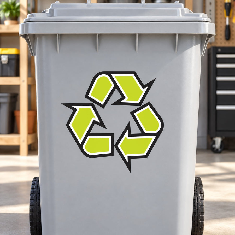 Green recycling sticker with arrows on gray trash bin