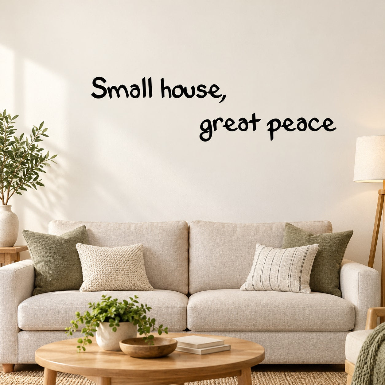 Wall decal with handwritten text: 'Small house, great peace'
