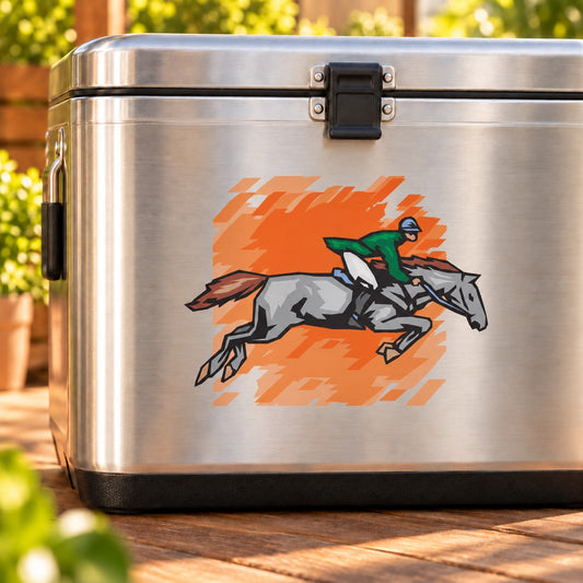 Die-cut vinyl horse decal: gray horse with rider on orange burst background