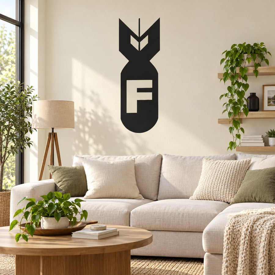 Black and white stylized bunny decal with a bold “F” center