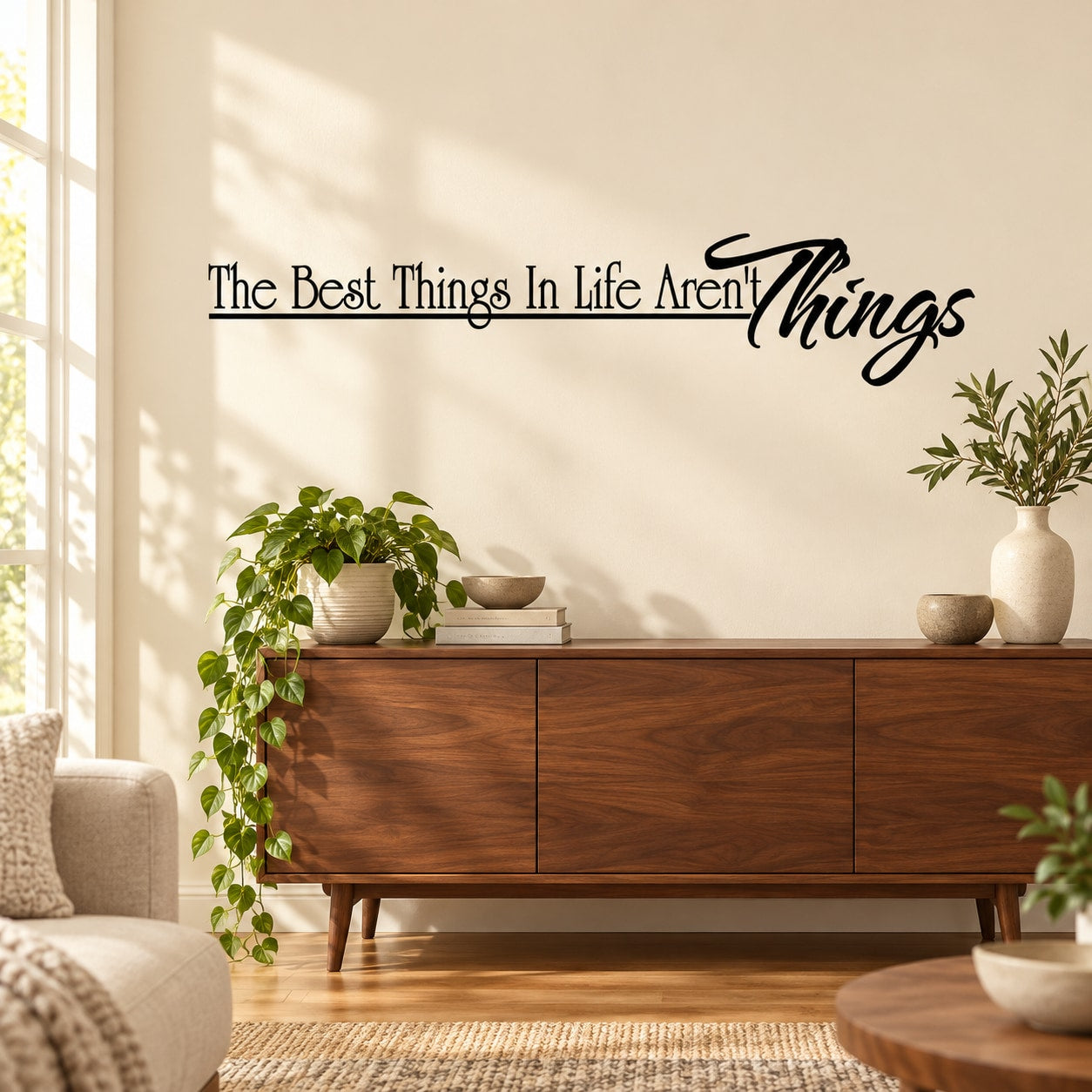 Wall decal with quote text and large script word "Things" in black