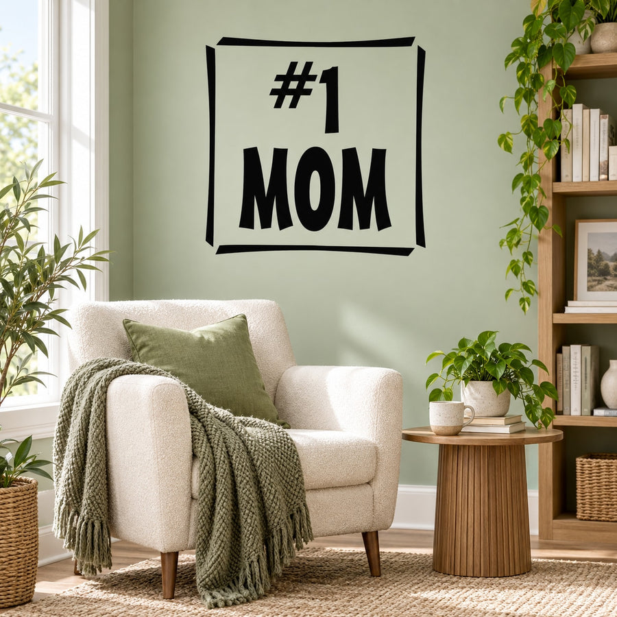 #1 MOM wall decal with bold black and white design and hashtag number panel
