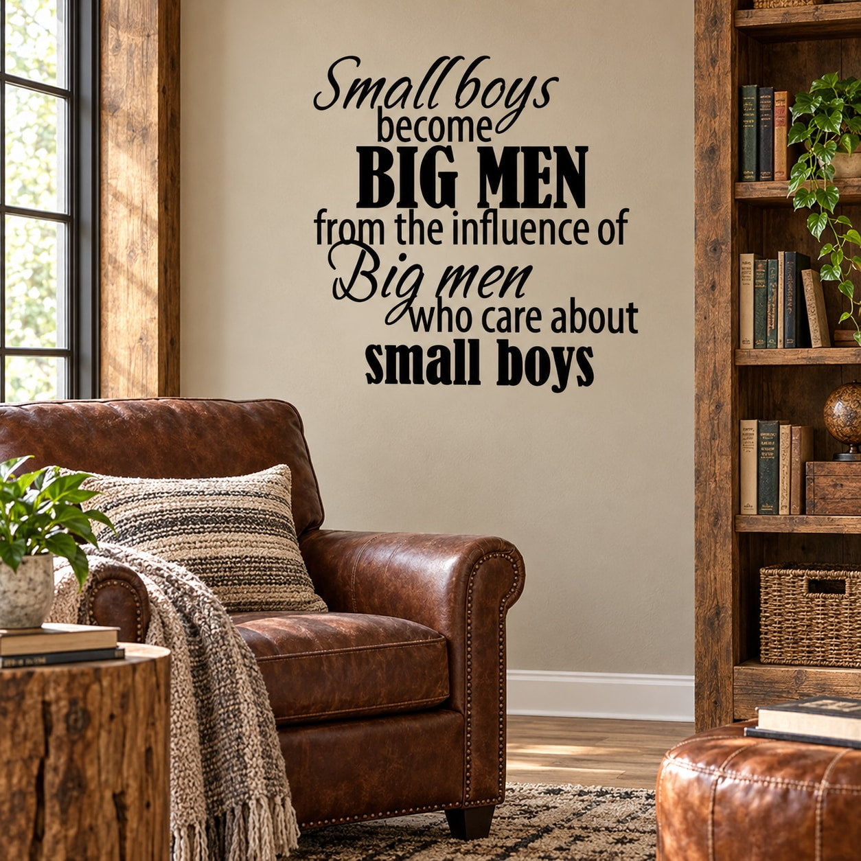 Wall decal with black quote typography: “Small Boys become BIG Men…”