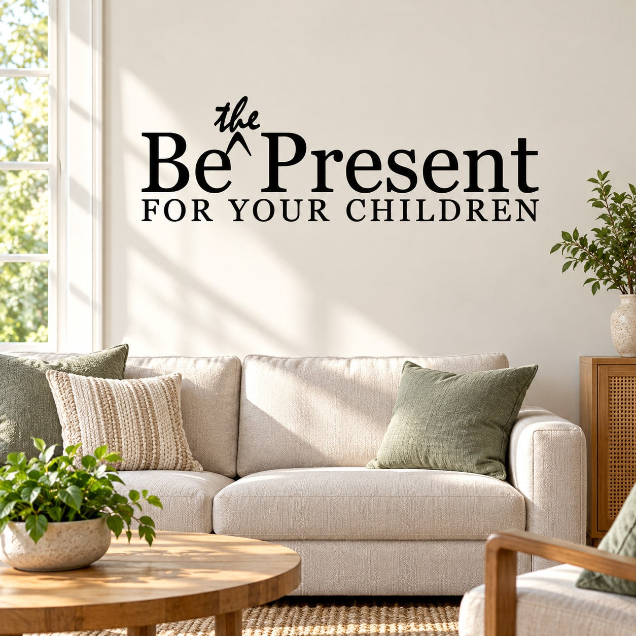 Wall decal featuring "Be Present for Your Children" black typography