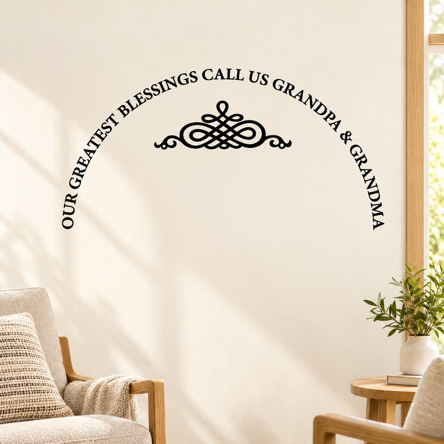 Decorative wall decal with circular black text and ornate heart knot emblem