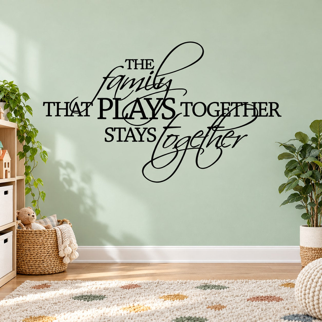 Vinyl wall decal with cursive text: The family that plays together stays together