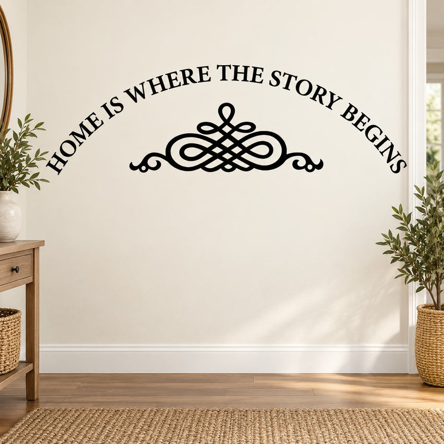 Home is where the story begins Wall Decal — illustrative vinyl decal application mockup. Surrounding objects are not included.