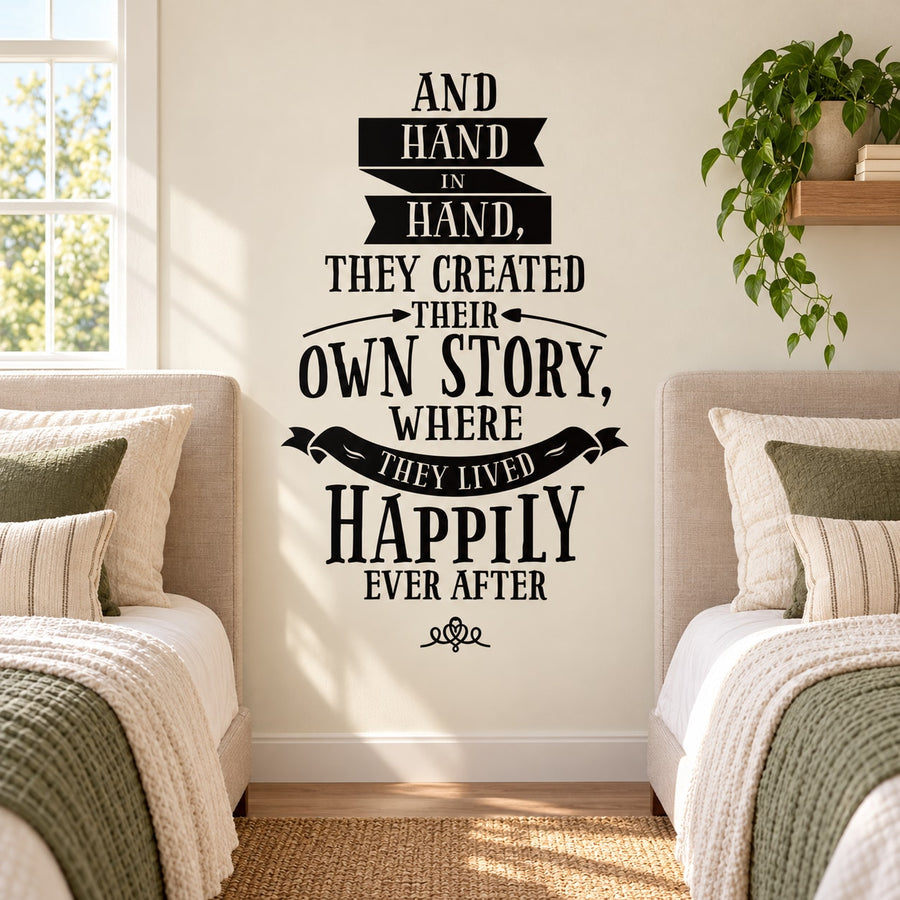 Black typographic wall decal with romantic quote text, “Happily Ever After”.