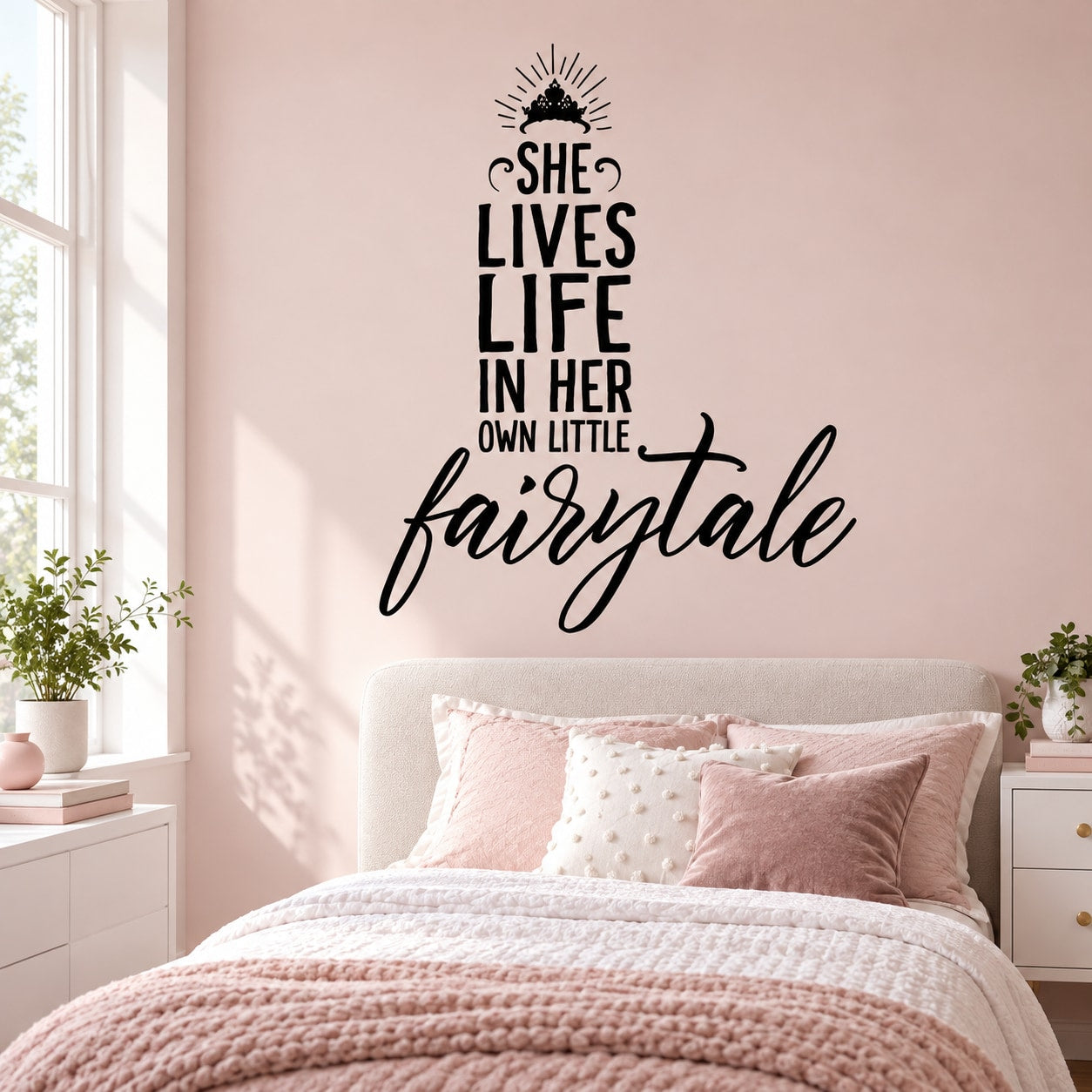 Black wall decal quote “She Lives Life in her own little fairytale” with starburst