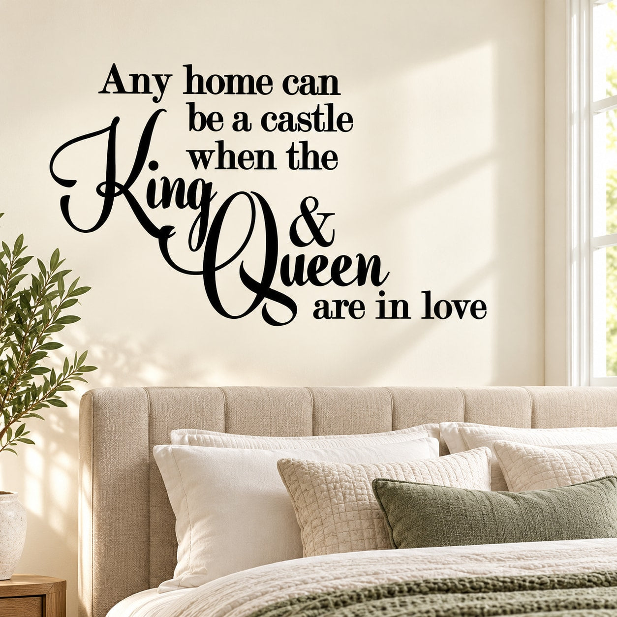 Wall decal quote in ornate script: 'Any home can be a castle' King & Queen