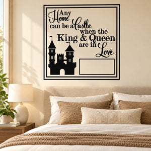 Black typography wall decal with castle silhouette, King & Queen, and love heart.