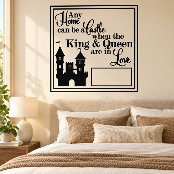 Black typography wall decal with castle silhouette, King & Queen, and love heart.